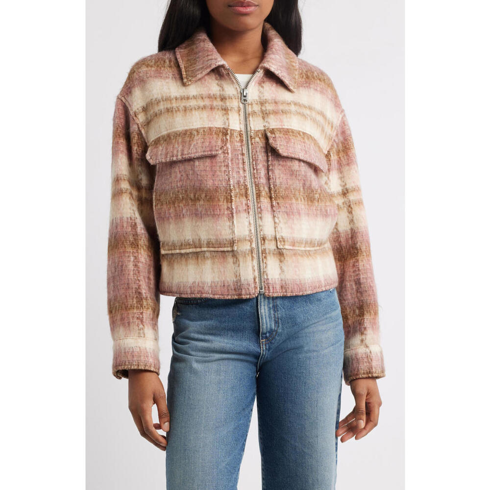 NWT! Lucky Brand Zip Front Crop Jacket in Grey Pink Plaid Size Large